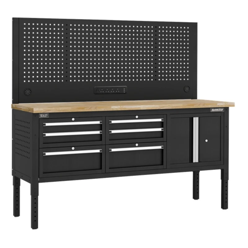 Superline PRO Modular Workbench with 6 Drawers & Cupboard Wooden Worktop 1830mm - SE-APMWB72COMBO2W